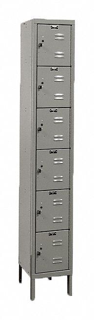 HALLOWELL Box Locker: 12 in x 12 in x 78 in, 6 Tiers, 1 Units Wide, Louvered, Padlock Hasp, Gray (MPN U1228-6HG). Key specifications — Locker Color: Dark Gray; Door Type: Louvered; Includes Number Plates: Yes; Brand: HALLOWELL; Assembled: Unassembled; Color Family: Gray.