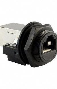 FINECABLES Connector: Cat5e/Cat6, Industrial, Panel, Female, Phosphor Bronze, IP67, Female (MPN ASICPICRJ45S). Key specifications — Housing Material: Phosphor Bronze; IP Rating: IP67; Mounting Type: Panel; Product Type: RJ 45; Connector Color: Black; Performance Category: Cat5e/Cat6; Application: Industrial; Connector Gender: Female.
