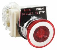 SCHNEIDER Mushroom Head Push Button: Illuminated, Mushroom Head Profile, Non-Metallic, 30 mm, SPDT (MPN 9001KR9P1RH13). Key specifications — Brand: SCHNEIDER; Action: Maintained; Series: 9001K; Push Button Material Type: Non-Metallic.