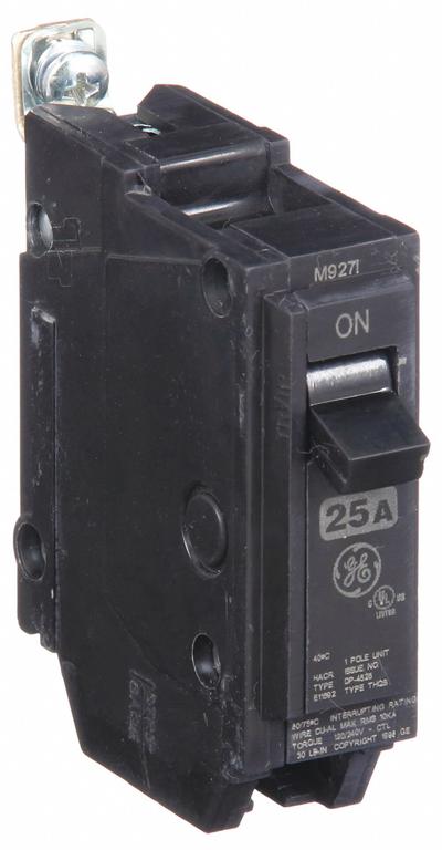 GE Miniature Circuit Breaker: THQB, 25 A, 120/240V AC, Single Phase, 10kA at 120/240V AC - THQB & THHQB Series, Bolt-On GE Miniature Circuit Breakers