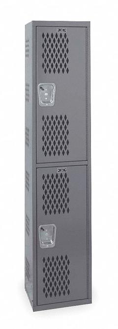 HALLOWELL Wardrobe Locker: 12 in x 12 in x 72 in, Ventilated, 2 Tiers, 1 Units Wide, Padlock Hasp (MPN HWBA212-2HG). Key specifications — Brand: HALLOWELL; Locker Color: Gray; Door Type: Ventilated; Locker Material: Steel; Assembled: Assembled; Number Plate Included: Yes.