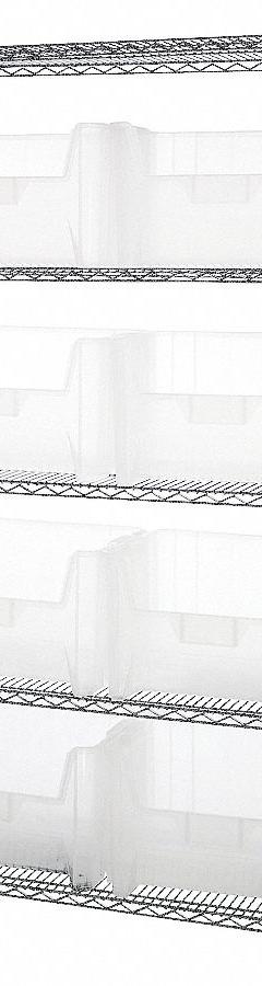 QUANTUM STORAGE SYSTEMS Bin Shelving: 42 in x 18 in x 74 in, 1 Sided, 8 Bins, Open, Clear, 5 Shelves (MPN WR5-700CL). Key specifications — Includes Bins: Yes; Bin Material: Polypropylene; Frame Color: Silver; Bin HxWxD: (8) 12-7/16 in x 19-7/8 in x 15-1/4 in; Frame Material: Steel; Bin Color: Clear; Bin Style: Hang and Stack; Brand: QUANTUM STORAGE SYSTEMS.