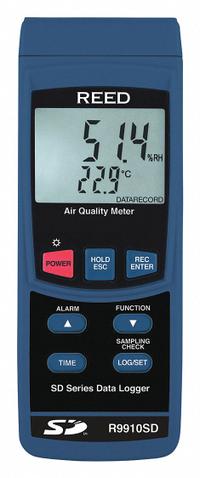 REED INSTRUMENTS Indoor Air Quality Analyzer: Carbon Dioxide/Carbon Monoxide/Oxygen, Sound (MPN R9910SD). Key specifications — Manufacturer Part Number: R9910SD; Brand: REED INSTRUMENTS; Calibration Certificate Type: Available Separately; Digital Display Screen Type: LCD with Backlight; Features: User Selectable Sampling Rate; Includes: Carrying Case; PPM Accuracy: ±250ppm (>3,000ppm (Carbon Dioxide)); Power Source: Battery.