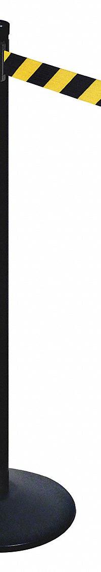 RETRACTA-BELT Barrier Post with Belt: Black/Yellow, Diagonal Stripe, No Legend, 10 ft Belt Lg, Black (MPN 301BA-BYD). Key specifications — Base Material: Cast Iron; Belt Color: Black/Yellow; Brand: RETRACTA-BELT; Post Material: Aluminum; Post Color: Black; Message: No Legend.