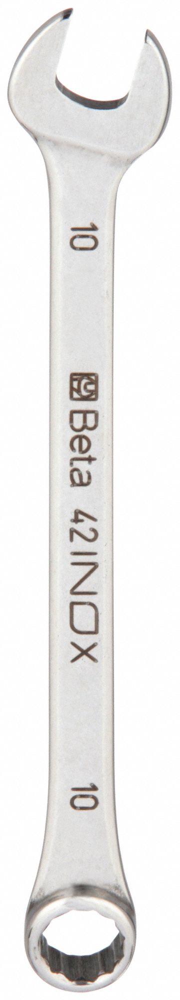 BETA Combination Wrench: Stainless Steel, Chrome, 10 mm Head Size, 5 3/8 in Overall Lg - Metric Spline Combination Wrenches