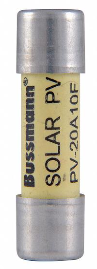 Solar Fuse: PV-F Series, Fast-Acting, 20 A, 1,000 V DC (MPN PV-20A10F). Key specifications — Series: PV-F; Brand: BUSSMANN.