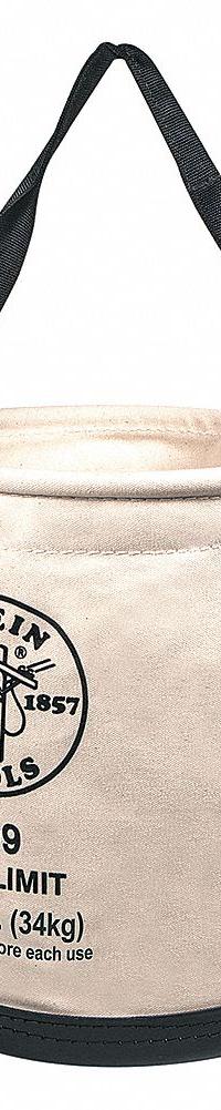 KLEIN TOOLS Bucket Bag: 12 in W x 15 in H, Off-White, Canvas, 0 Pockets, Open Top (MPN 5109). Key specifications — attr1118525: KLEIN TOOLS; attr1118517: High-Density Polyethylene Top Ring; attr1125037: Off-White; attr1125041: Canvas; attr1203718: Yes.