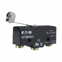 EATON Snap Action Switch: Roller Lever Actuator, SPDT, Screw Terminals (MPN E47BMS41). Key specifications — AC Contact Rating: 15 A @ 250 V; Electrical Connection: Screw Terminals; Series: E47; Brand: EATON.