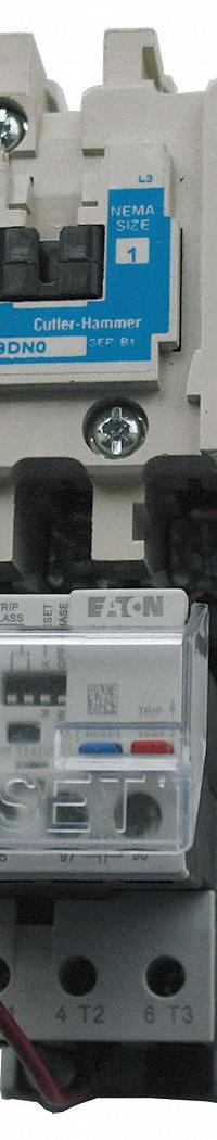 EATON NEMA Magnetic Motor Starter: Non-Reversing, 3 Poles, NEMA Size 2, 45 A, 480V AC Coil (MPN AN19GN0C5E045). Key specifications — Brand: EATON; Auxiliary Contact Form: 1NO; Coil Voltage: 440/480V AC; Phase: Three; Operator: None; Operator Controls: None; Auxiliary Contacts Included: 1NO; Signaling Features: Pilot Light.