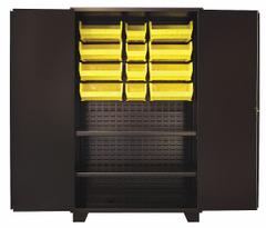 JAMCO Bin Cabinet: 48 in x 24 in 78 in, 2 Shelves, 12 Bins, Yellow, Solid, 14 ga Panel, Black, Solid (MPN HH248BL). Key specifications — Bin Color: Yellow; Bin HxWxD: (4) 7 in x 8-1/4 in x 11 in; Assembled: Assembled; Cabinet Style: Shelf and Bin; Brand: JAMCO; Cabinet Color: Black; Cabinet Finish: Powder Coated; Cabinet Material: Steel.