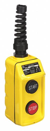SQUARE D Pendant Control Station: (2) Push Buttons, 1NO/1NC, Start/Stop, NEMA 4, (2) Push Buttons (MPN 9001BW95Y). Key specifications — AC Contact Rating: 1.5 A @ 240 V; Action: Maintained/Momentary; DC Contact Rating: 0.2 A @ 600 V; Enclosure Material: Thermoplastic; Hub Style: Dead-End; Legend: Start/Stop; Operator Configuration: (2) Push Buttons; Brand: SQUARE D.