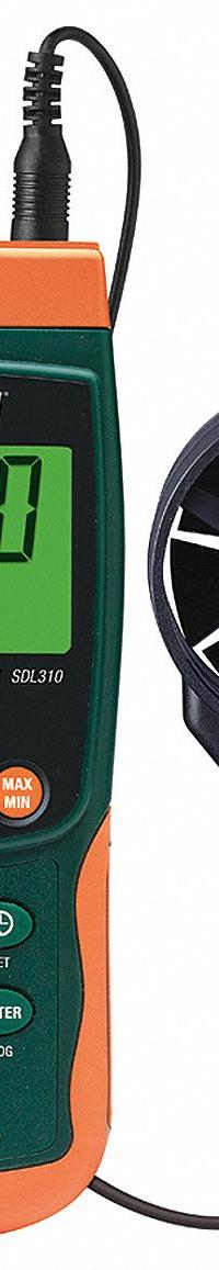 EXTECH Anemometer: 1 fpm Air Velocity Resolution, Rotating Vane, Air Velocity/Temp, Under 100 fpm (MPN SDL310). Key specifications — Data Logging: Yes; Manufacturer Part Number: SDL310; Brand: EXTECH; Temperature Accuracy: +/ 1.5°; Digital Display Screen Type: LCD; Display Type: Digital; Includes: Vane Sensor; Power Source: Battery.