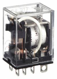 OMRON General Purpose Relay: Socket Mounted, 10 A Current Rating, 24V DC, DPDT, 8 Pins/Terminals (MPN LY2-DC24). Key specifications — Brand: OMRON; Base Type: Square; Mounting Style: Plug-In; Pin Shape: Flat; Electrical Connection: Quick-Connect; Manufacturer Part Number: LY2-DC24; Operating Current: 10 A at 110V AC (Resistive Load); Series: LY Series.