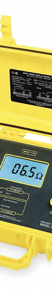 AEMC INSTRUMENTS Earth Ground Tester: 0 ohm to 2,000 ohm, CAT III, IP63/IP65, Digital, <42 Vpeak (MPN 4620). Key specifications — IP Rating: IP63; Test Current: ≤10 mA; Test Voltage: <42 Vpeak; Brand: AEMC INSTRUMENTS.