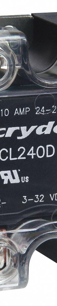CRYDOM Solid State Relay: Surface Mounted, 10 A Max Output Current, Triac, AC Output (MPN CL240D10RC). Key specifications — Brand: CRYDOM; Current Type: AC; Electrical Connection: Screw Clamp; Finger Safe: Yes; Maximum Output Current without Heat Sink: 3.5 A; Mounting Style: Panel; Output Voltage: 24 to 280V AC; Switch Configuration: Form A.