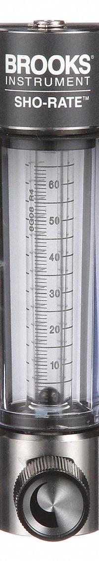 BROOKS Mechanical Flowmeter: Flow Meter, Scale, Variable Area, Panel Mount, Vertical, Liters, FNPT (MPN 1250AR6081MRSVV). Key specifications — Display Type: Scale; O-Ring Material: Viton; Includes Flow Rate Adjustment Knob: Yes; Includes Pressure Guage: No; Mounting Orientation: Vertical; Unit Of Measure: Liters; Brand: BROOKS; Accuracy: +/-5%.