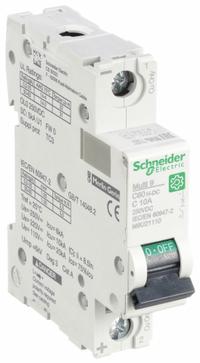 SCHNEIDER IEC Supplementary Protector: 10 A Amps, 250V DC, 5kA at 250V DC, Screw Clamp, C60H-DC, C (MPN M9U21110). Key specifications — Brand: SCHNEIDER; Terminal Connection: Screw Clamp; DC Voltage Rating: 250V DC; Max. AIR Rating: 5kA at 250V DC; Series: C60H-DC; AC Voltage Rating: Not Rated; Curve Type: C.