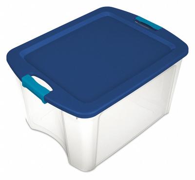 STERILITE Storage Tote: 12 gal, 23 5/8 in x 18 5/8 in x 9 1/4 in, Clear Body, Blue Lid - Clearview Totes with Latch-On Lids