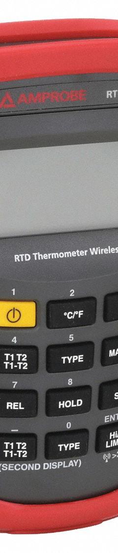 AMPROBE RTD Thermometer: -328°F to 1,472°F, ±0.05% + 0.4°F/0.2°C Accuracy, 1 Channels, Wi-Fi (MPN RTD-10W). Key specifications — Accuracy: ±0.05% + 0.4°F/0.2°C; Testing Functions: Min/Max Temperature; Brand: AMPROBE.