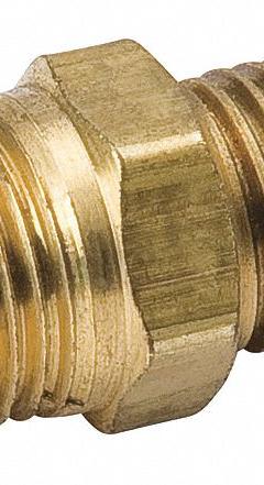 MUELLER Half-Union Connector: 1/4 in Male SAE Right-Hand, 1/4 in Male NPT Right-Hand, Brass (MPN A 04585). Key specifications — Body Material: Brass; Brand: MUELLER.