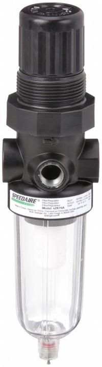 SPEEDAIRE Filter-Regulator: Miniature Series, 1/4 in NPT, 14 cfm, 5 micron, 5 psi to 125 psi, Zinc (MPN 4ZK75). Key specifications — attr109419: SPEEDAIRE; attr109429: Zinc; attr109463: No; attr109467: Rubber; attr109468: Miniature.