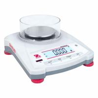OHAUS Industrial Balance: AC Adapter, 3 3/4 in x 3 3/4 in, Not IP Rated, Not NTEP Rated, Integrated (MPN NV123 AM). Key specifications — Connection Ports: RS-232; Readability: 0.001 g; Power Source: Battery; Weighing Units: N; Brand: OHAUS; Washdown: No.