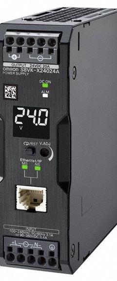 OMRON DC Power Supply: DIN Rail, 240 W Output Power - Rated, 10 A Current - Output, Single Phase (MPN S8VK-X24024A-EIP). Key specifications — attr1044898: Single; attr1044879: 100 to 240V AC; attr211400: OMRON.