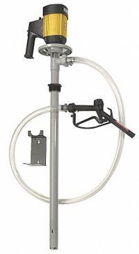 DAYTON Electric Drum Pump: Pump with Hose & Nozzle, 1 1/10 hp HP, 110 V AC, 15 gpm, Polypropylene (MPN 1DLP8). Key specifications — Brand: DAYTON; Suction Tube Material: PP.