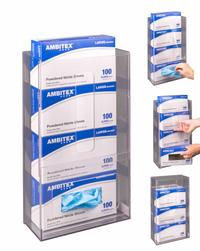 Glove Box Holder: 4 in Overall Wd, 18 in Overall Ht, 10 1/4 in Overall Lg, PETG, Clear, (4) Boxes (MPN VMGB4-W). Key specifications — Material: PETG; Mounting Location: Wall; Color: Clear; Product Type: Glove Box Holder; Total Holding Capacity: (4) Boxes; Brand: POLTEX.