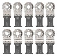 FEIN Oscillating Tool Blade: 1 1/8 in Blade Wd, 3 13/16 in Overall Lg, Bi-Metal, 10 Pieces, 10 PK (MPN 63502157290). Key specifications — attr1097473: Sheet Metal; attr1097476: FEIN; attr1097456: Plunge Cutting.
