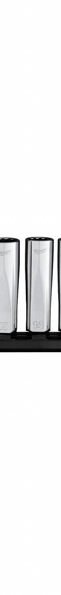 MILWAUKEE Deep Well Socket Set Metric 12pt: 3/8 in Drive Size, Small Set (0-50 pieces) Set Size (MPN 48-22-9521). Key specifications — attr1204251: MILWAUKEE; attr1215453: 3/8 in; attr1215454: 8 mm to 19 mm; attr1224229: Friction.