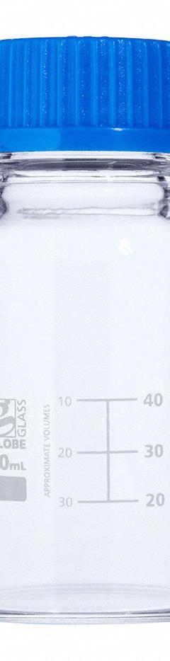 GLOBE SCIENTIFIC Media Bottle: 50 mL, Screw-On, GL32, 87 mm, Colorless, Closure Included, Attached (MPN 8100050). Key specifications — Closure Type: Screw-On; Mouth Size: Wide; Screw Closure Size: GL32; Brand: GLOBE SCIENTIFIC; Body Color: Colorless.