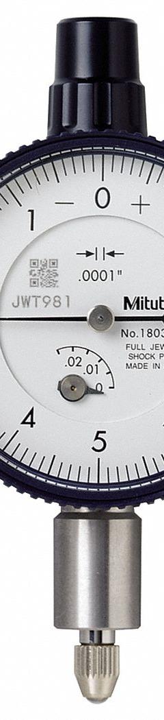 MITUTOYO Dial Indicator - Lug Back: 0 in to 0.025 in, Inch, Plunger, 0.0001 in Accuracy (MPN 1803A-10). Key specifications — attr1184168: 1803A-10; attr1184178: 0-5-0; attr1184223: MITUTOYO; attr1200883: Dial Indicator - Lug Back; attr1184173: AGD 1; attr1184177: 0.0001 in; attr1184208: Certificate of Inspection.
