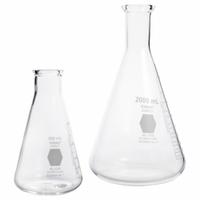 KIMBLE Erlenmeyer Flask: 4 L, Colorless, Conical, A, 12 Compatible with Stopper Size (MPN 27050-4000). Key specifications — Shape: Conical; Body Color: Colorless; Brand: KIMBLE; Compatible with Stopper Size: 12; USP Specification: Type I.
