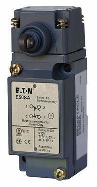EATON Push Roller Plunger Limit Switch: Roller Plunger, Metallic, Momentary/Momentary, E50 (MPN E50AS3). Key specifications — Brand: EATON; Electrical Connection: Screw Terminals; Roller Material: Nylon; Series: E50.