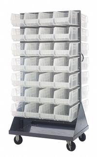 QUANTUM STORAGE SYSTEMS Mobile Louvered Floor Rack: 36 in x 24 in x 72 in, 56 Bins Included, Clear (MPN QMD-36H-240CL). Key specifications — Bin Width: 8-1/4 in; Color: Gray; Caster Wheel/Configuration: (2) Swivel; Bin Color: Clear; Bin Depth: 14-3/4 in; Bin Height: 7 in; Includes: Pull Handle; Brand: QUANTUM STORAGE SYSTEMS.