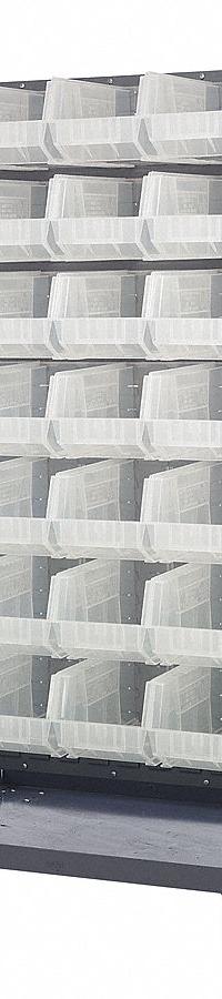 QUANTUM STORAGE SYSTEMS Mobile Louvered Floor Rack: 36 in x 24 in x 72 in, 56 Bins Included, Clear (MPN QMD-36H-240CL). Key specifications — Bin Width: 8-1/4 in; Color: Gray; Caster Wheel/Configuration: (2) Swivel; Bin Color: Clear; Bin Depth: 14-3/4 in; Bin Height: 7 in; Includes: Pull Handle; Brand: QUANTUM STORAGE SYSTEMS.
