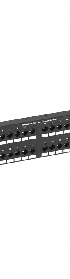 PANDUIT Patch Panel: Flat, 2 Rack Units, 48 Ports, 6A, IDC, Steel, 1 1/8 in Overall Ht, NK6XPPG48Y. Key specifications — Brand: PANDUIT; Compatible Cable Performance Category: 6A; Material: Steel; _Access Type: Rear Access; _Port Labeling: Adhesive Label; _Power Over Ethernet: Power Over HDBaseT (POH); _Rear Termination: IDC; _Series: NetKey.