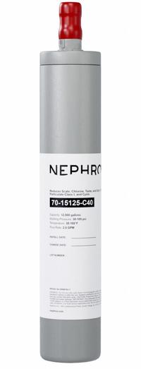 NEPHROS Quick-Connect Water Filter: 1 micron, 2 gpm, 14 3/4 in Overall Ht, 3 in Overall Dia (MPN 70-15125-C40). Key specifications — Product Type: Quick-Connect Water Filter; Filter Media: Carbon; Brand: NEPHROS; Reduces: Scale.