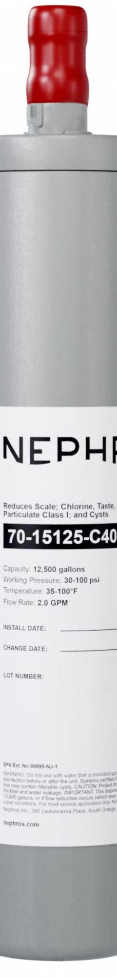 NEPHROS Quick-Connect Water Filter: 1 micron, 2 gpm, 14 3/4 in Overall Ht, 3 in Overall Dia (MPN 70-15125-C40). Key specifications — Product Type: Quick-Connect Water Filter; Filter Media: Carbon; Brand: NEPHROS; Reduces: Scale.