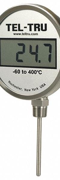 TEL-TRU Digital Thermometer: 2.5 in Stem Lg, -75°F to 750°F, ±0.5°F/0.3°C, 1/2 in Thread Size, NPT (MPN ND5CB09111-P22026). Key specifications — Thread Type: NPT; Brand: TEL-TRU; Accuracy: ±0.5 °F/0.3 °C.