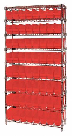 QUANTUM STORAGE SYSTEMS Bin Shelving: 36 in x 18 in x 74 in, 1 Sided, 64 Bins, Open, Shelf Bin, Red (MPN WR9-203RD). Key specifications — Includes Bins: Yes; Bin Material: Polypropylene; Frame Color: Silver; Bin HxWxD: (64) 6 in x 4-1/8 in x 17-7/8 in; Frame Material: Steel; Bin Color: Red; Bin Style: Shelf; Brand: QUANTUM STORAGE SYSTEMS.