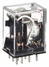 OMRON General Purpose Relay: Socket Mounted, 5 A Current Rating, 24V AC, 3PDT, 11 Pins/Terminals (MPN MY3N-AC24). Key specifications — Brand: OMRON; Base Type: Square; Mounting Style: Plug-In; Pin Shape: Flat; Electrical Connection: Quick-Connect; Manufacturer Part Number: MY3N-AC24; Operating Current: 5 A at 24V DC (Resistive Load); Series: MY Series.