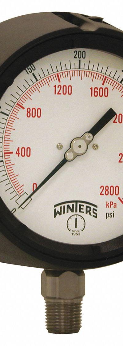 WINTERS Process Pressure Gauge: 0 psi to 400 psi, White, 4 1/2 in Dial, 1/2 in NPT Male - All-Stainless Steel Wetted Parts & Casing