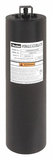 PARKER Piston Accumulator: 58 cu in Fluid Volume, 63 cu in, 220 gpm Max. Flow, 1-1/16-12 (#12) (MPN A3N0058D1KGRG). Key specifications — attr98883: PARKER; attr95466: 32 to 165°F for Water Based Hydraulic Fluids and Water-Glycol.