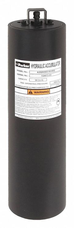 PARKER Piston Accumulator: 58 cu in Fluid Volume, 63 cu in, 220 gpm Max. Flow, 1-1/16-12 (#12) (MPN A3N0058D1KGRG). Key specifications — attr98883: PARKER; attr95466: 32 to 165°F for Water Based Hydraulic Fluids and Water-Glycol.