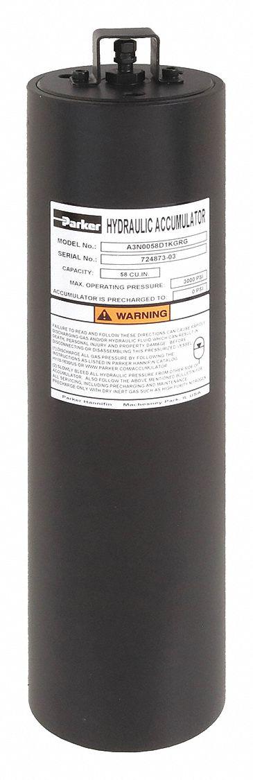 Parker Piston Accumulator: 58 cu in Fluid Volume, 63 cu in, 220 gpm Max. Flow - Piston Accumulators