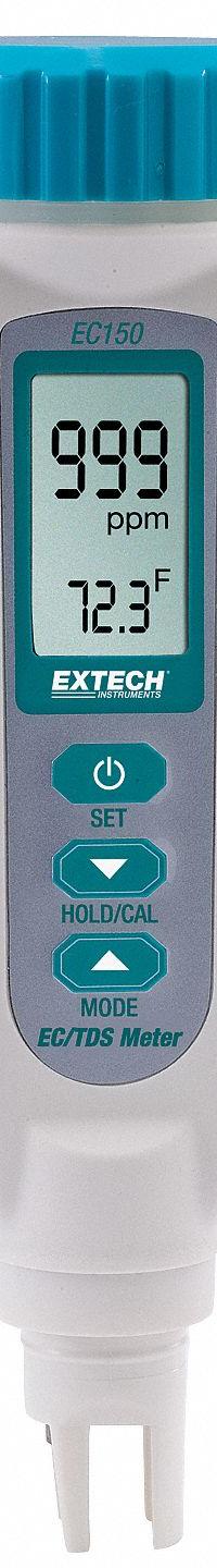 EXTECH Pocket Multiparameter Meter: Conductivity/Temp/Total Dissolved Solids (MPN EC150). Key specifications — Test Parameters: Total Dissolved Solids; Manufacturer Part Number: EC150; Configured Test Parameters: Temperature; Measurement Components Included: Conductivity/TDS/Temperature Meter; Other Accessories Included: (4) LR44 Batteries; Reagents and Solutions Included: Reagents Sold Separately.