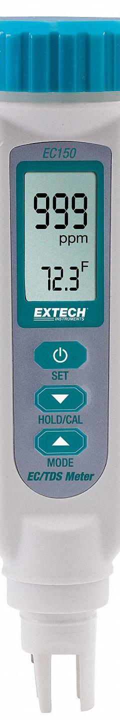 EXTECH Pocket Multiparameter Meter: Conductivity/Temp/Total Dissolved Solids (MPN EC150). Key specifications — Test Parameters: Total Dissolved Solids; Manufacturer Part Number: EC150; Configured Test Parameters: Temperature; Measurement Components Included: Conductivity/TDS/Temperature Meter; Other Accessories Included: (4) LR44 Batteries; Reagents and Solutions Included: Reagents Sold Separately.