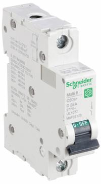 SCHNEIDER IEC Supplementary Protector: 25 A Amps, 60V DC, 14kA at 120/240V AC, Screw Clamp, C60SP, D (MPN M9F23125). Key specifications — Brand: SCHNEIDER; Terminal Connection: Screw Clamp; DC Voltage Rating: 60V DC; Max. AIR Rating: 14kA at 120/240V AC; Series: C60SP; AC Voltage Rating: 240/415V AC; Curve Type: D.